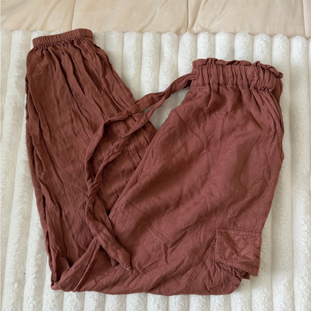 Sim and Sam Women's Elastic Waist Tie Cargo Jogger Pants - Rust